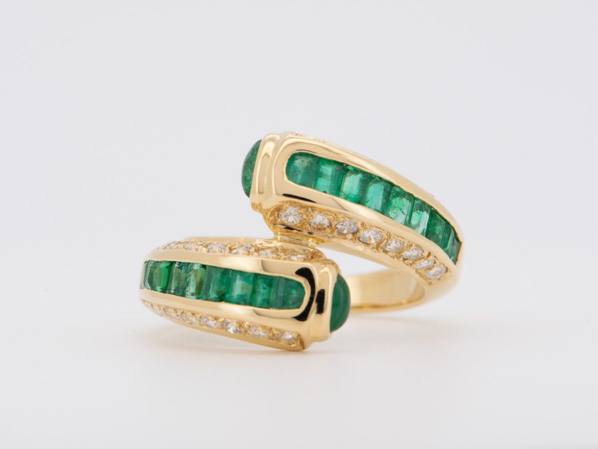 Channel Set Emerald with Diamond Accent Sculptural Bypass Ring 18K Gold R6740 Aurora Designer