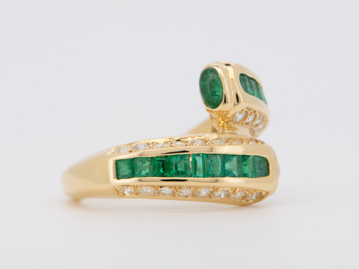 Channel Set Emerald with Diamond Accent Sculptural Bypass Ring 18K Gold R6740 Aurora Designer