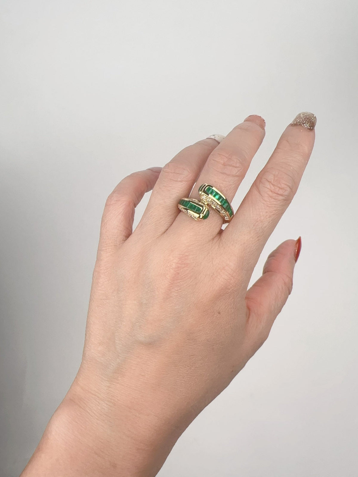 Channel Set Emerald with Diamond Accent Sculptural Bypass Ring 18K Gold R6740 Aurora Designer