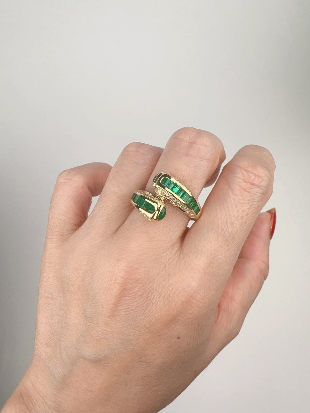 Channel Set Emerald with Diamond Accent Sculptural Bypass Ring 18K Gold R6740 Aurora Designer