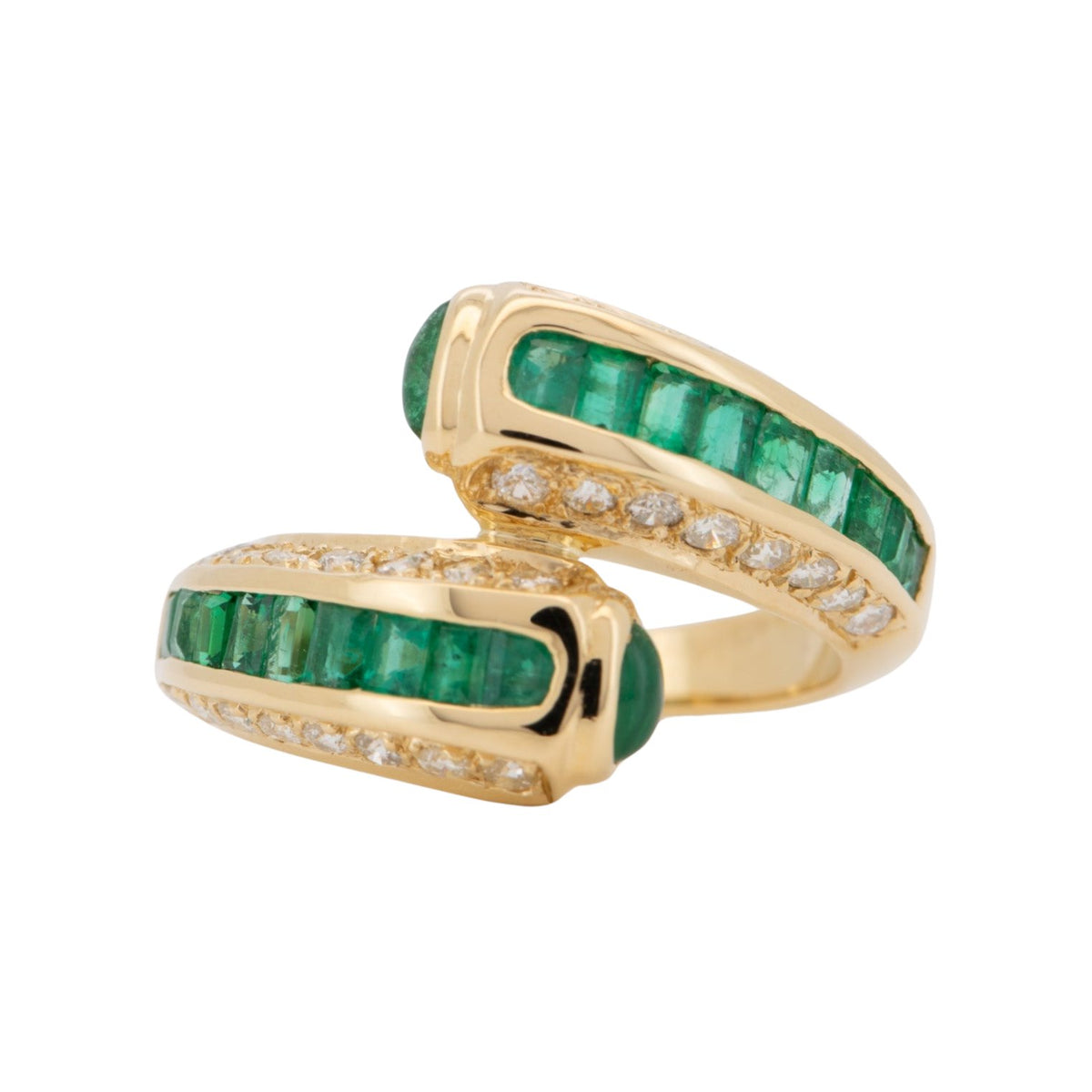 Channel Set Emerald with Diamond Accent Sculptural Bypass Ring 18K Gold R6740 Aurora Designer