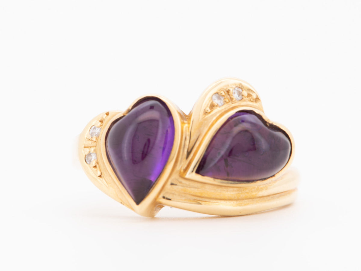 18K Gold Double Heart Ring Amethyst Cabochon and Diamond R6743 Aurora Designer