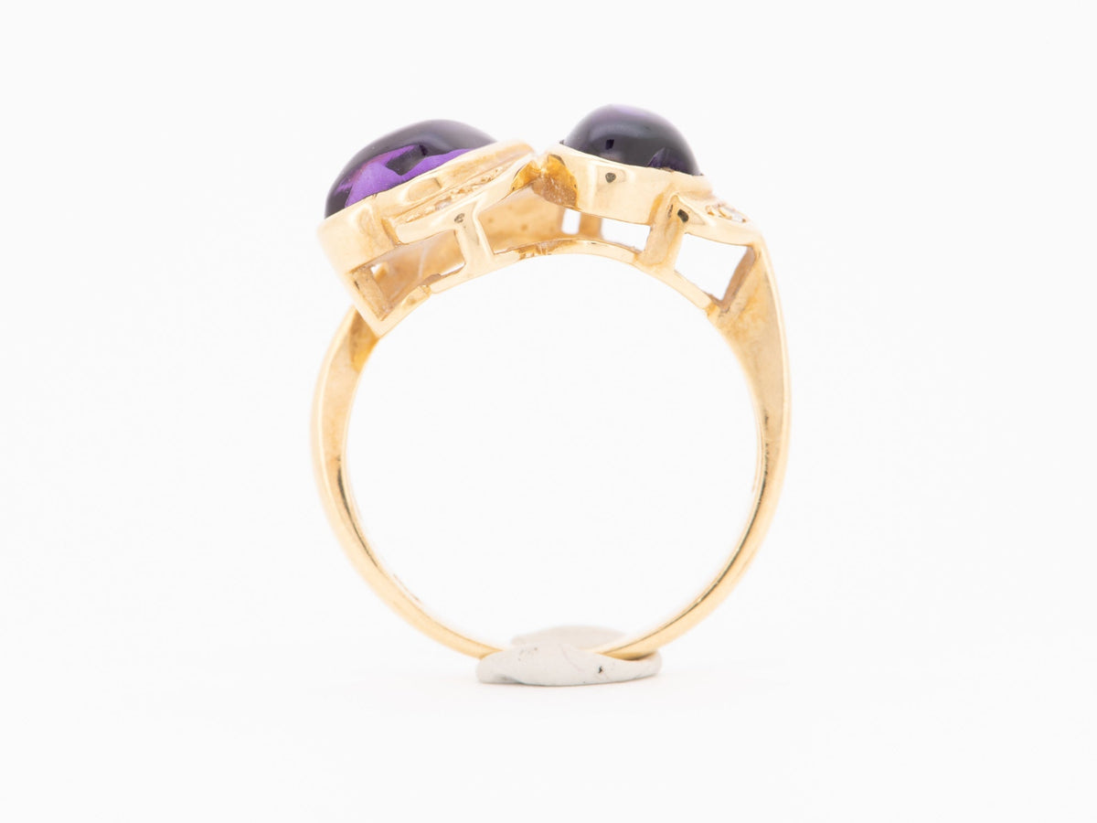 18K Gold Double Heart Ring Amethyst Cabochon and Diamond R6743 Aurora Designer