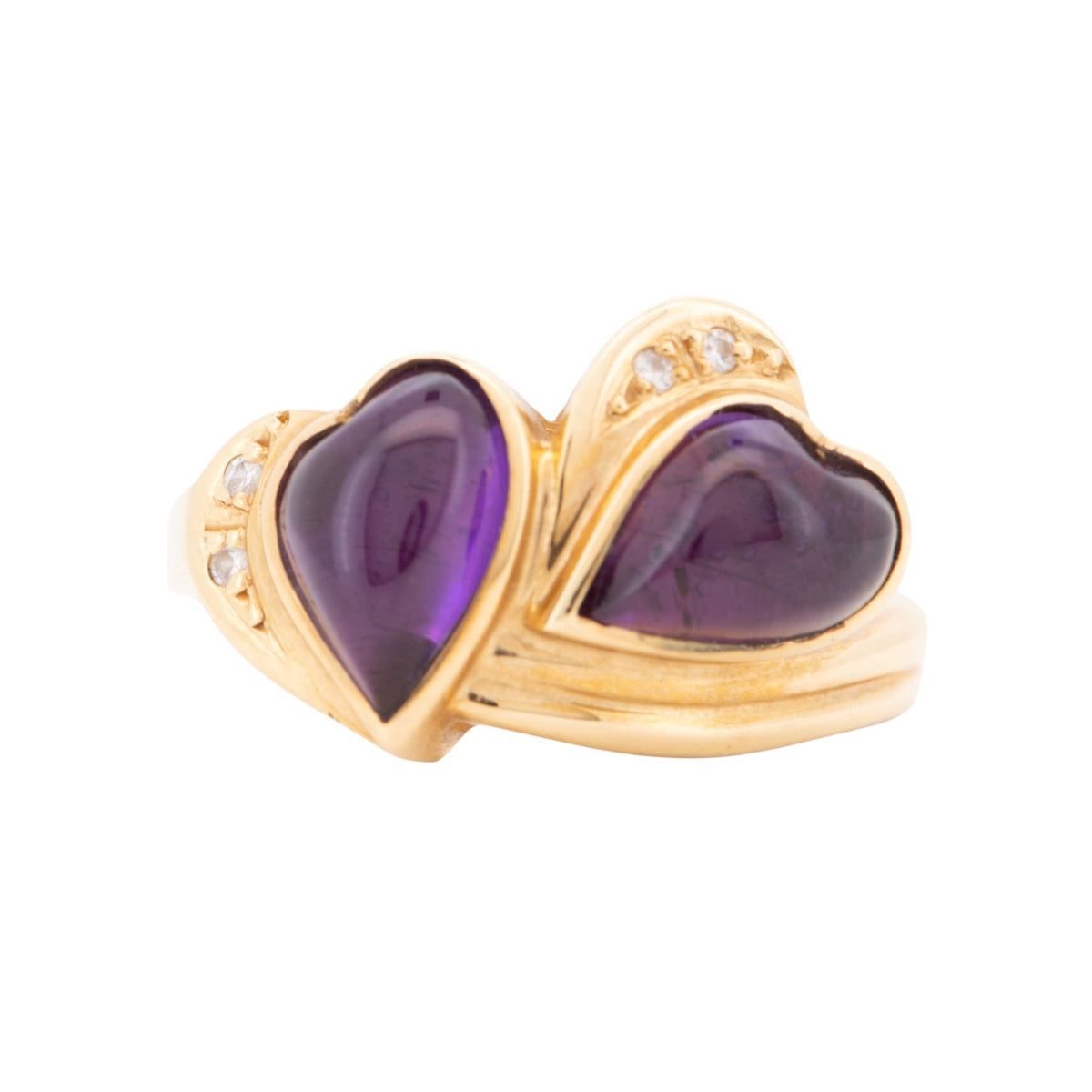 18K Gold Double Heart Ring Amethyst Cabochon and Diamond R6743 Aurora Designer
