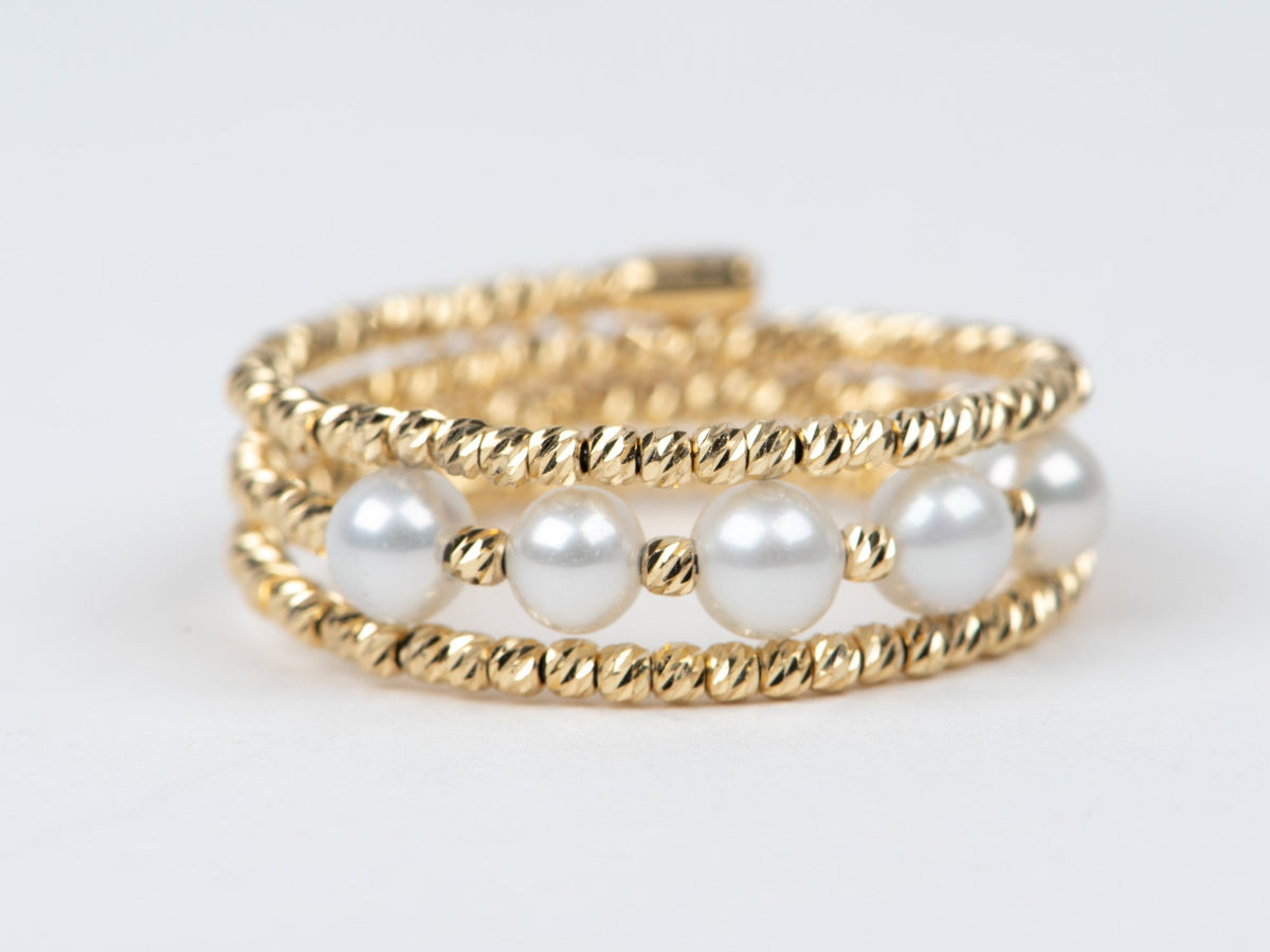 18K Gold Diamond Cut Shiny Bead 3-Row Stretch Ring with Dainty Pearls R6744 Aurora Designer
