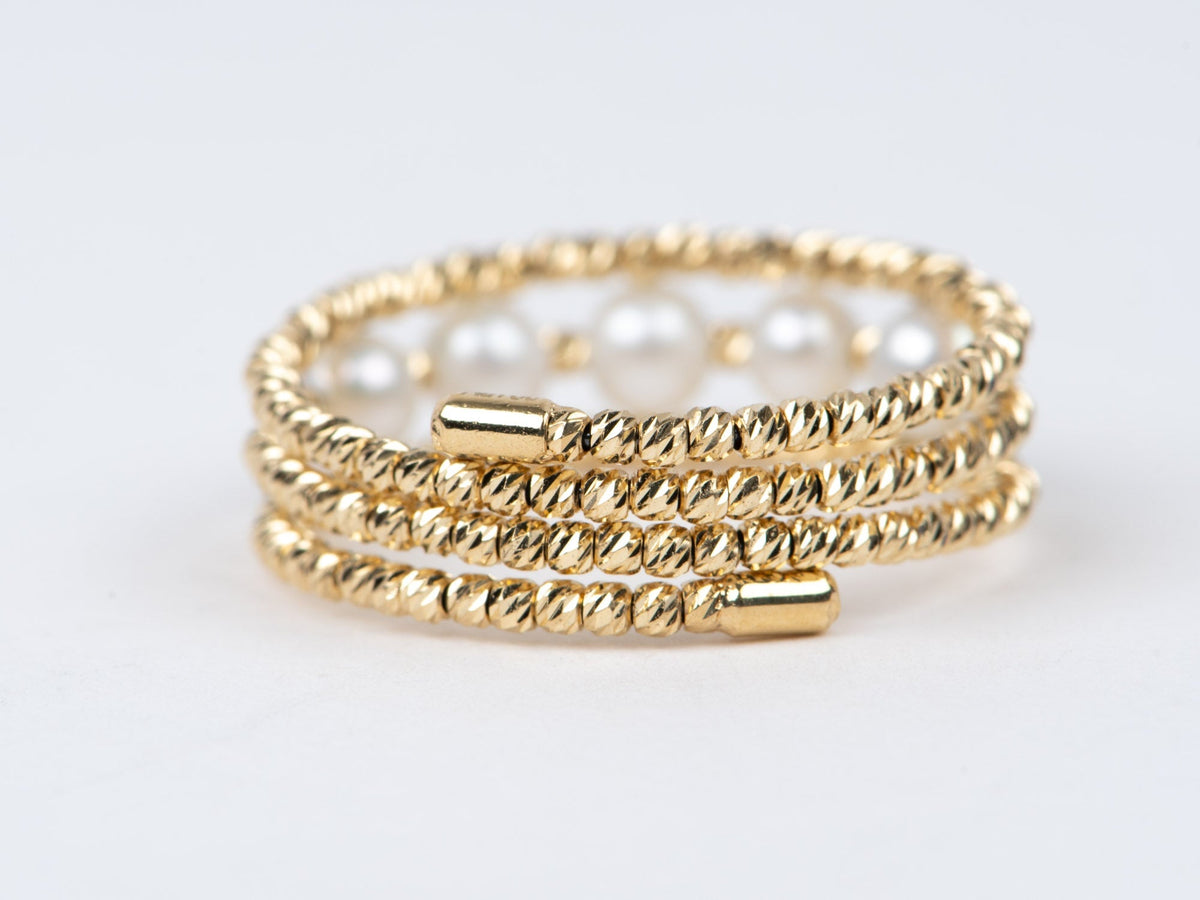 18K Gold Diamond Cut Shiny Bead 3-Row Stretch Ring with Dainty Pearls R6744 Aurora Designer