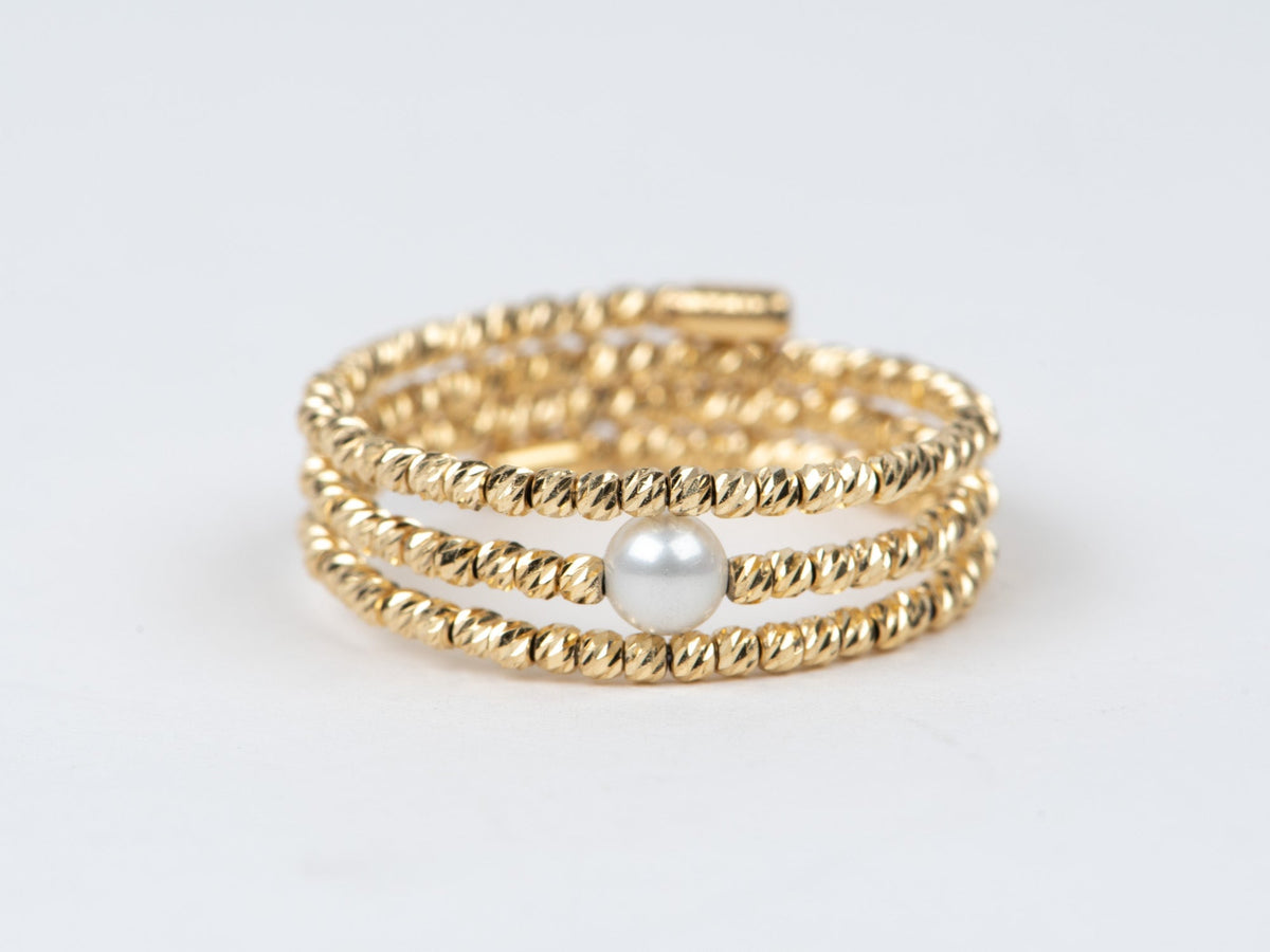 18K Gold Diamond Cut Shiny Bead 3-Row Stretch Ring with Dainty Pearls R6744 Aurora Designer