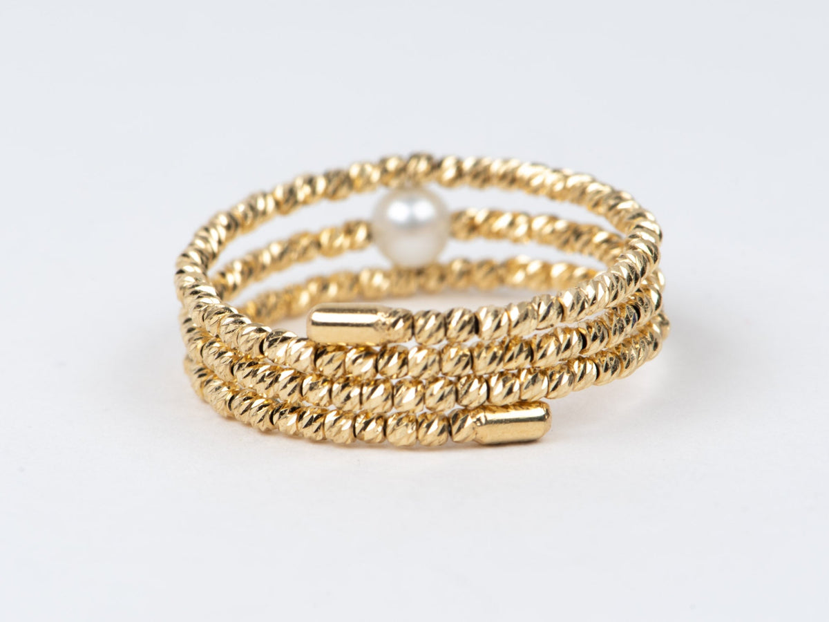 18K Gold Diamond Cut Shiny Bead 3-Row Stretch Ring with Dainty Pearls R6744 Aurora Designer