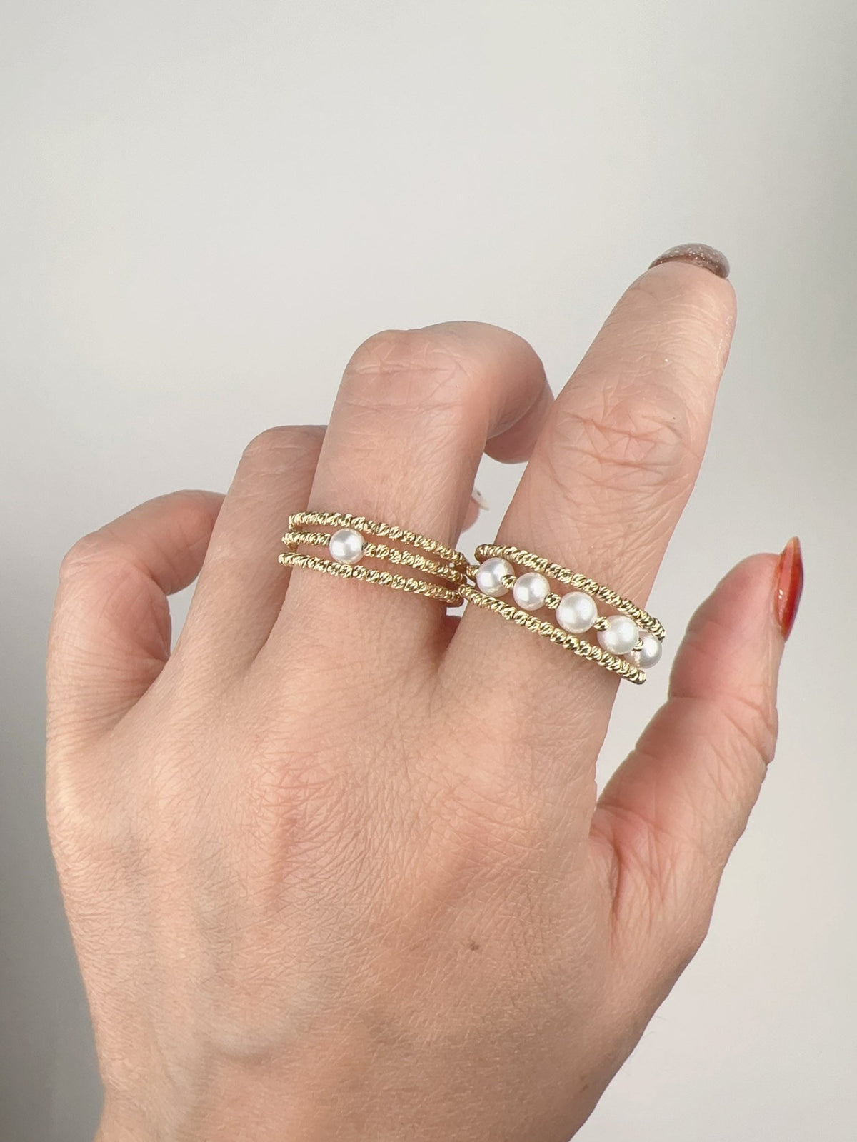 18K Gold Diamond Cut Shiny Bead 3-Row Stretch Ring with Dainty Pearls R6744 Aurora Designer