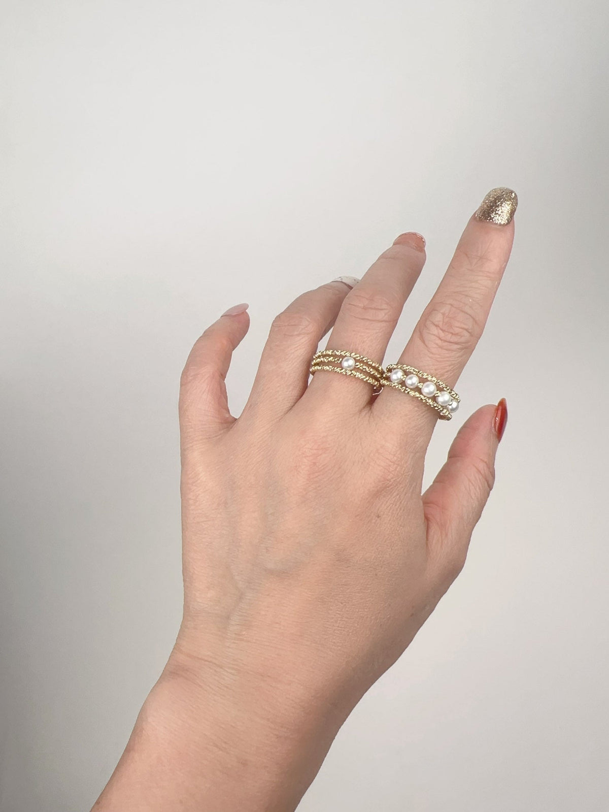 18K Gold Diamond Cut Shiny Bead 3-Row Stretch Ring with Dainty Pearls R6744 Aurora Designer