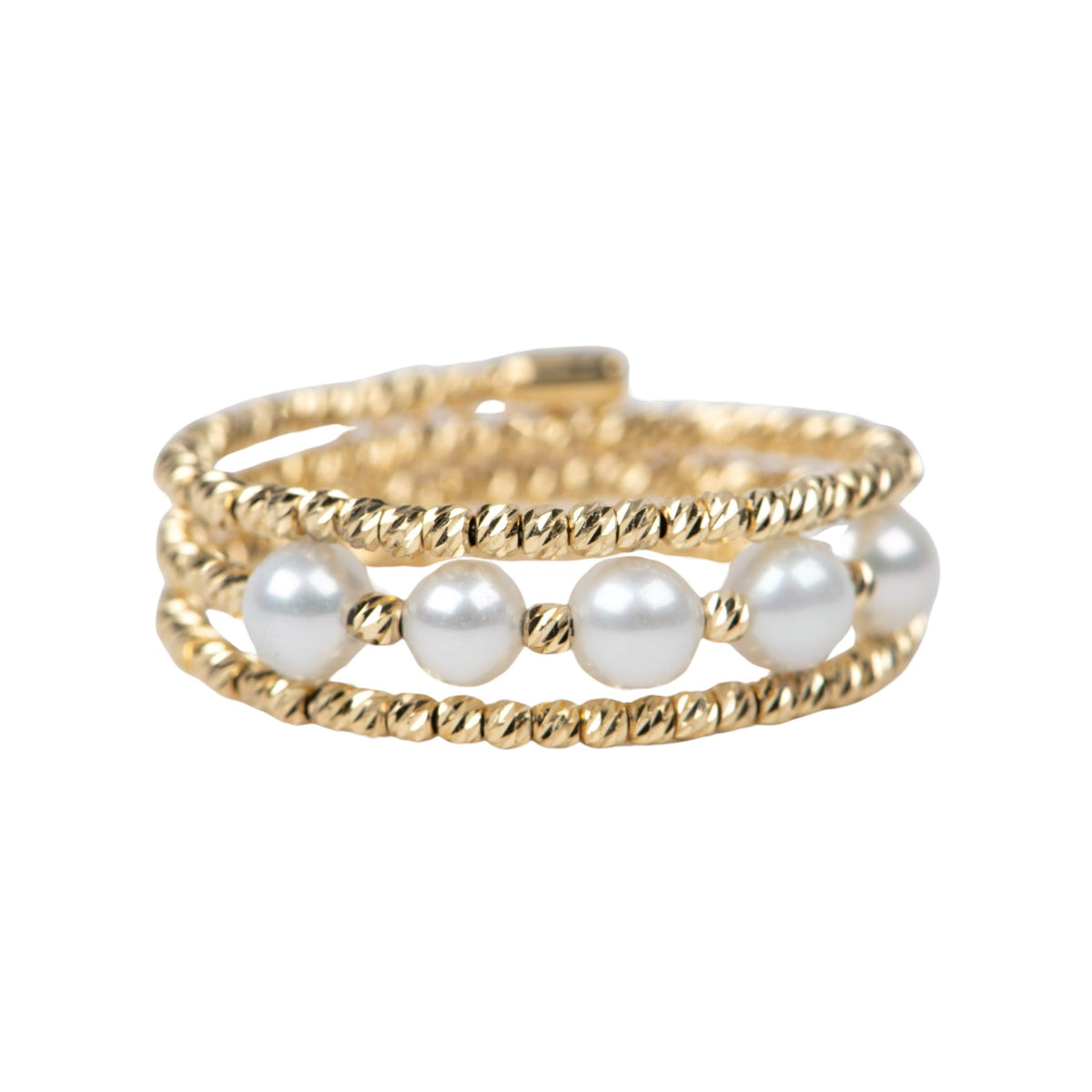 18K Gold Diamond Cut Shiny Bead 3-Row Stretch Ring with Dainty Pearls R6744 Aurora Designer