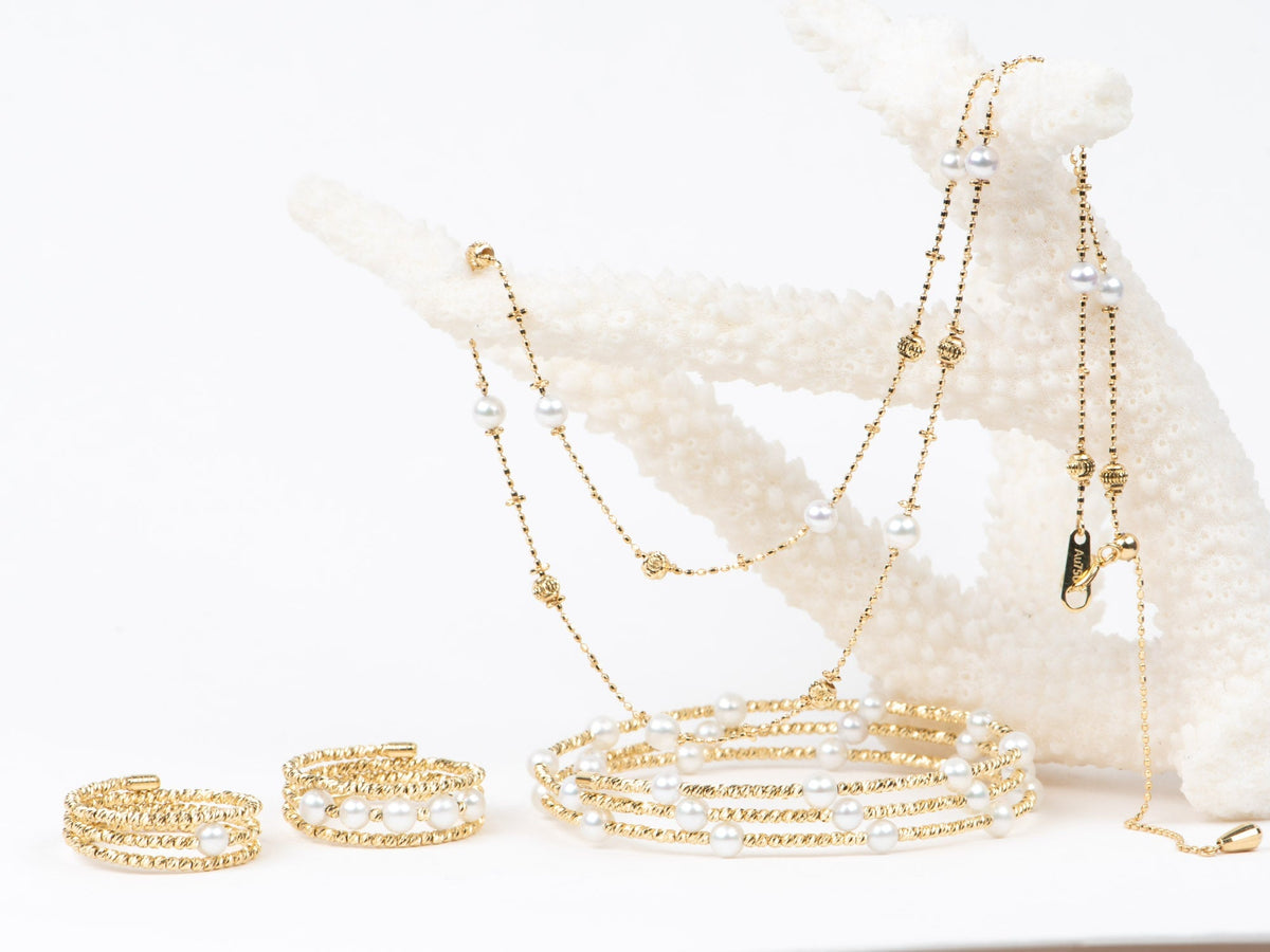 18K Gold Diamond Cut Bead 3-Row Stretchy Bracelet Bangle with Pearls R2123 Aurora Designer