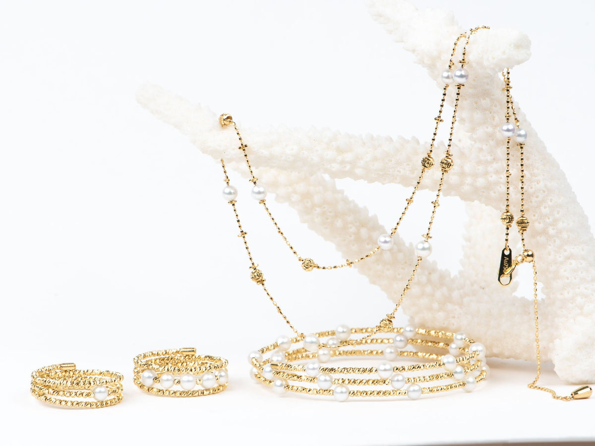 18K Gold Dainty Necklace with Diamond Cut Beads and Pearls R4609 Aurora Designer