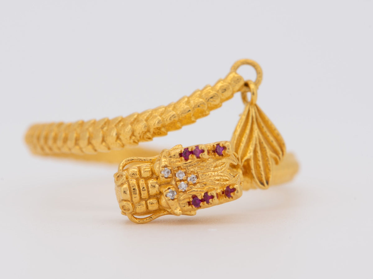 18K Gold Chinese Dragon Ring with Diamond and Ruby Open End Lightweight R6748 Aurora Designer