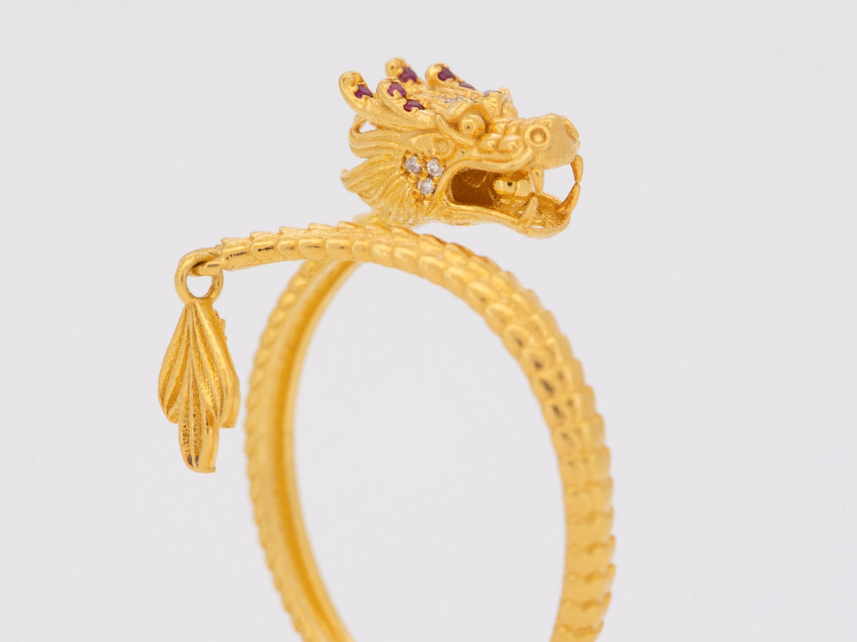 18K Gold Chinese Dragon Ring with Diamond and Ruby Open End Lightweight R6748 Aurora Designer