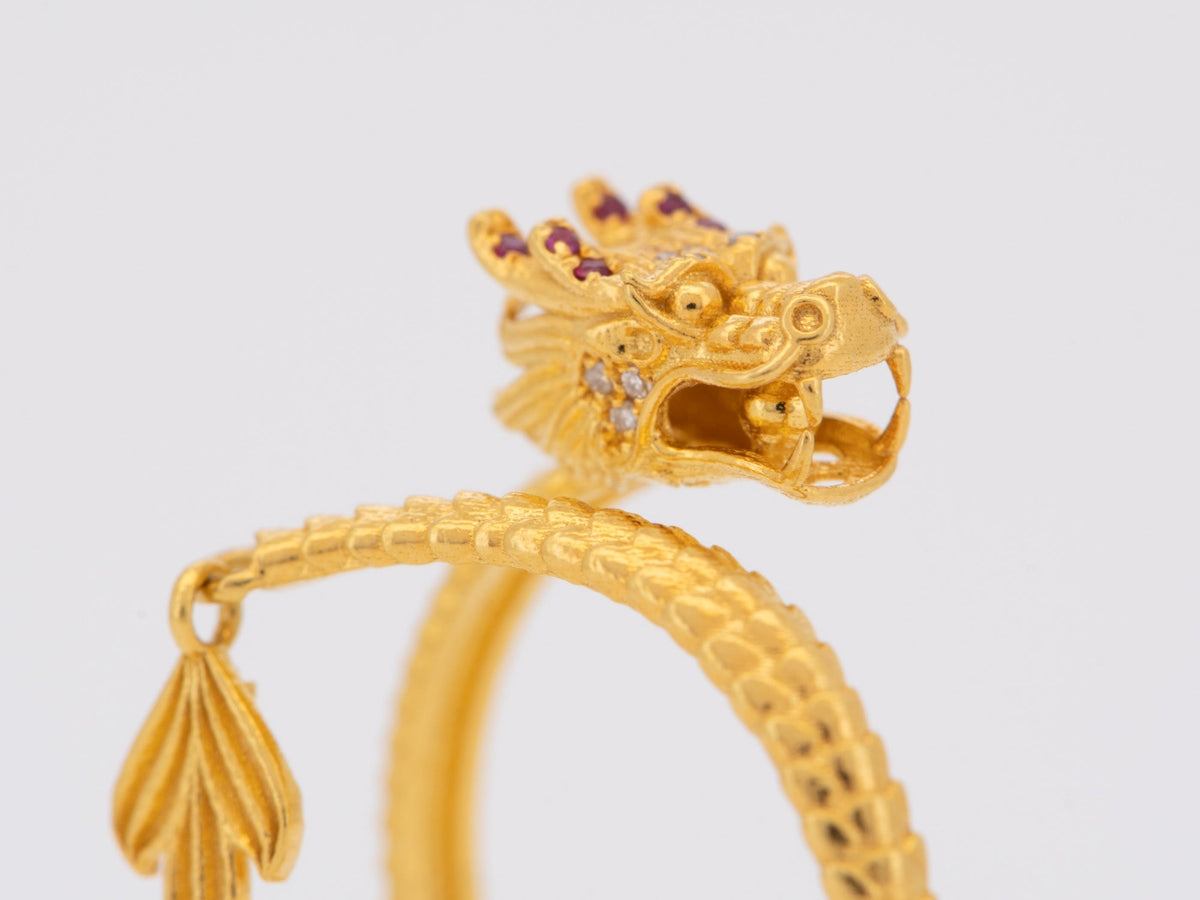 18K Gold Chinese Dragon Ring with Diamond and Ruby Open End Lightweight R6748 Aurora Designer