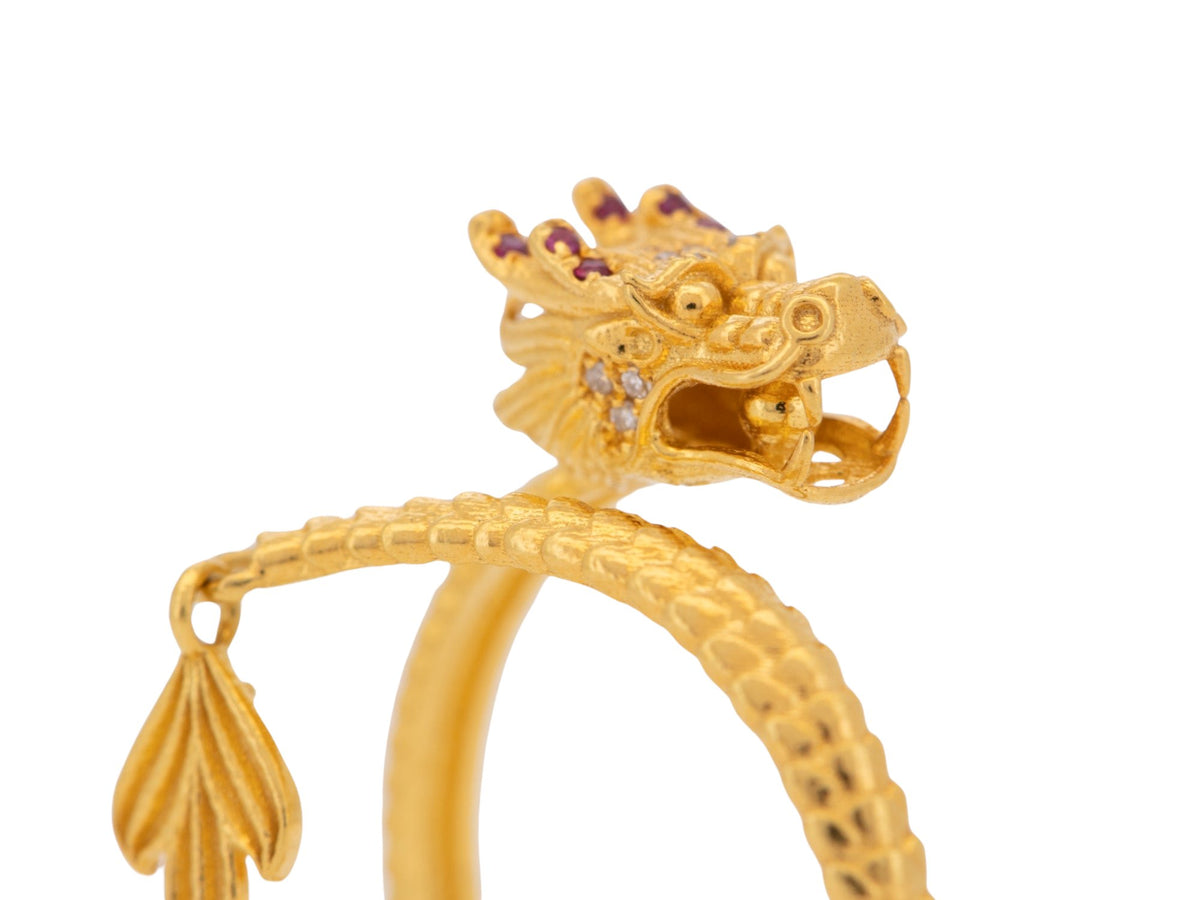 18K Gold Chinese Dragon Ring with Diamond and Ruby Open End Lightweight R6748 Aurora Designer