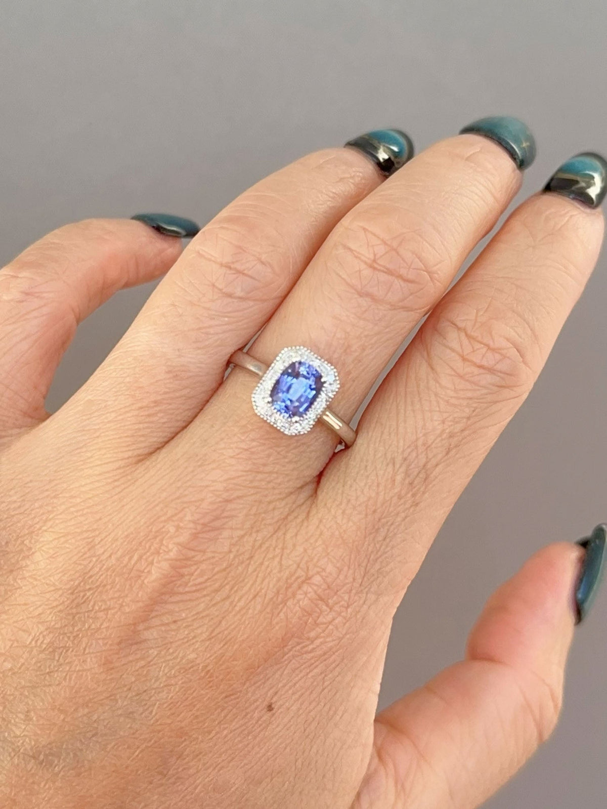 1.3ct Lavender Sapphire with Diamond Halo Engagement Ring 14K White Gold R6753 Aurora Designer