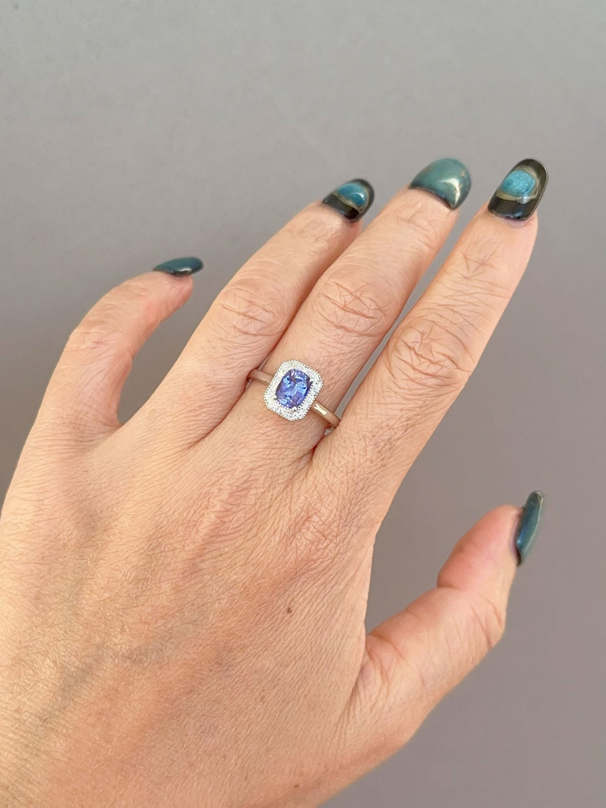 1.3ct Lavender Sapphire with Diamond Halo Engagement Ring 14K White Gold R6753 Aurora Designer