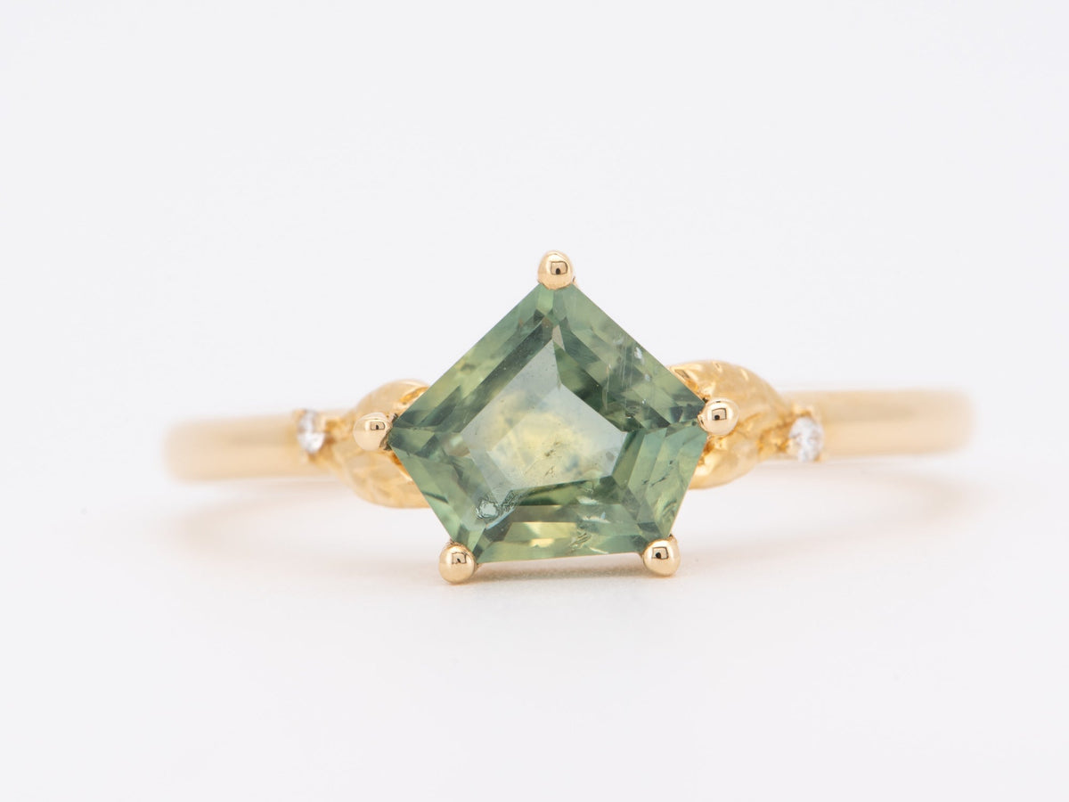 1.46ct Shield Shape Montana Sapphire with Leaf Design Ring 14K Gold R6754 Aurora Designer