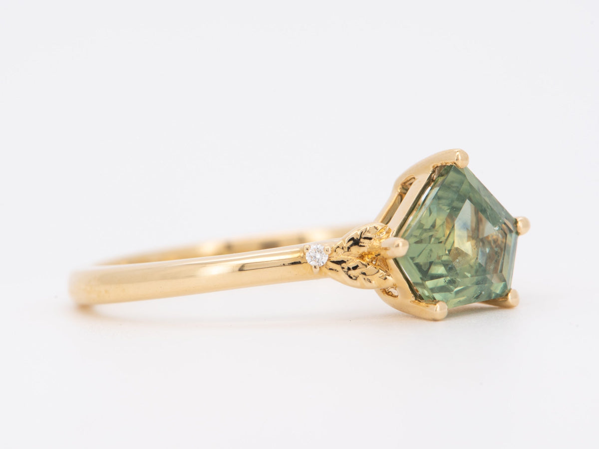 1.46ct Shield Shape Montana Sapphire with Leaf Design Ring 14K Gold R6754 Aurora Designer
