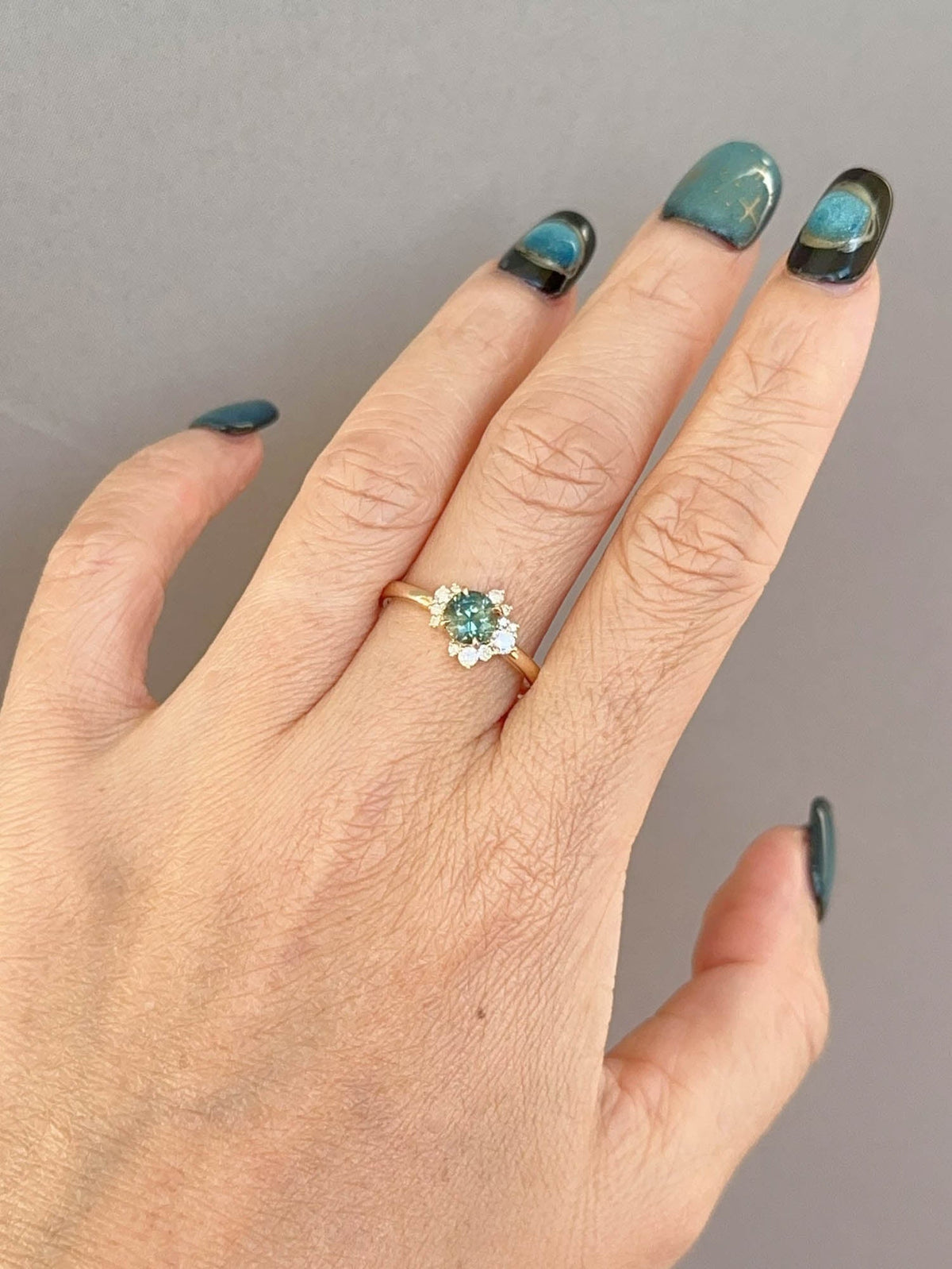 Tri-Color Montana Sapphire with Diamond Cluster Engagement Ring 14K Gold 6756 Aurora Designer