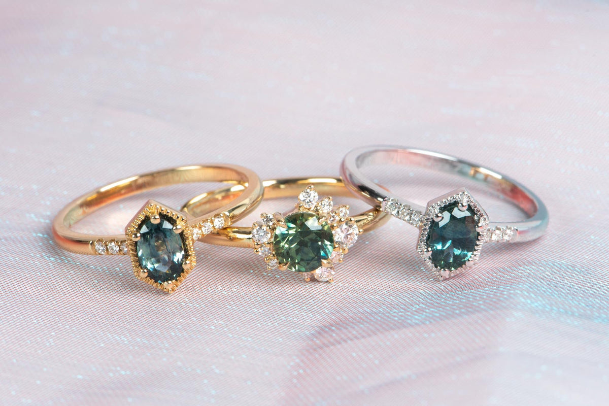 Tri-Color Montana Sapphire with Diamond Cluster Engagement Ring 14K Gold 6756 Aurora Designer