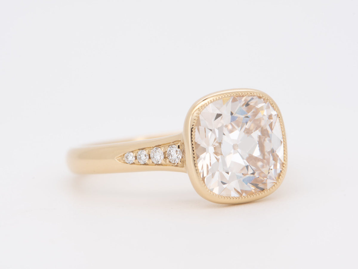 3.36ct Old European Cushion Cut Lab Diamond Milgrain Bezel Set Engagement Ring 14K R6761Gold Aurora Designer