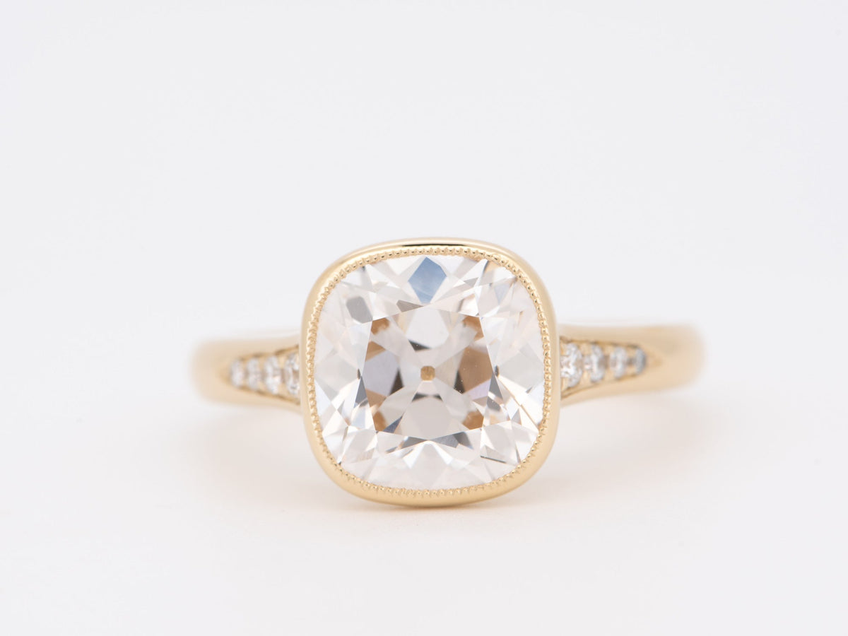 3.36ct Old European Cushion Cut Lab Diamond Milgrain Bezel Set Engagement Ring 14K R6761Gold Aurora Designer