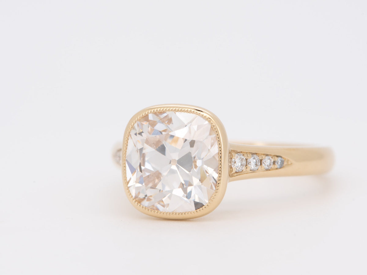 3.36ct Old European Cushion Cut Lab Diamond Milgrain Bezel Set Engagement Ring 14K R6761Gold Aurora Designer