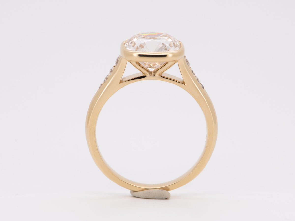 3.36ct Old European Cushion Cut Lab Diamond Milgrain Bezel Set Engagement Ring 14K R6761Gold Aurora Designer