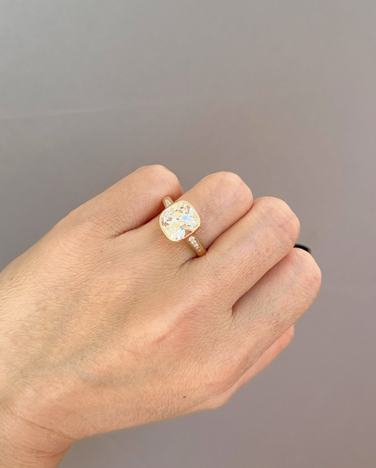 3.36ct Old European Cushion Cut Lab Diamond Milgrain Bezel Set Engagement Ring 14K R6761Gold Aurora Designer