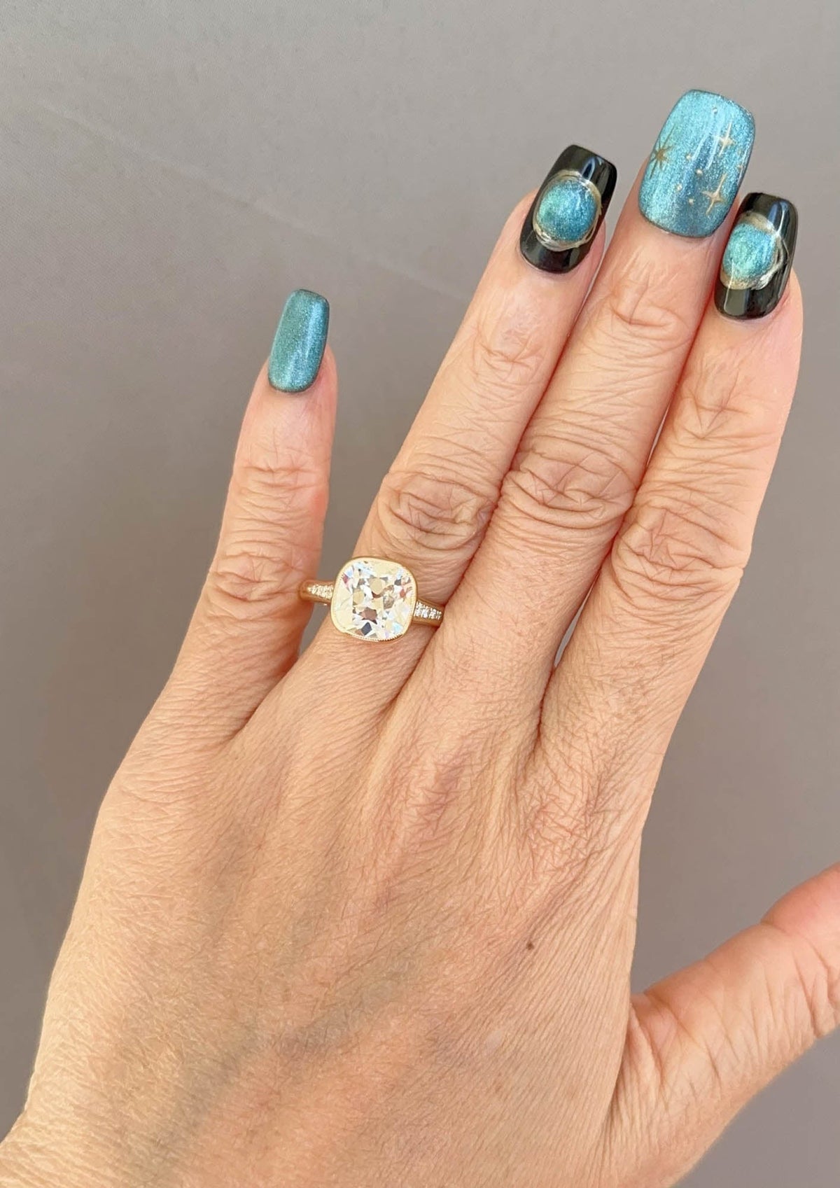 3.36ct Old European Cushion Cut Lab Diamond Milgrain Bezel Set Engagement Ring 14K R6761Gold Aurora Designer