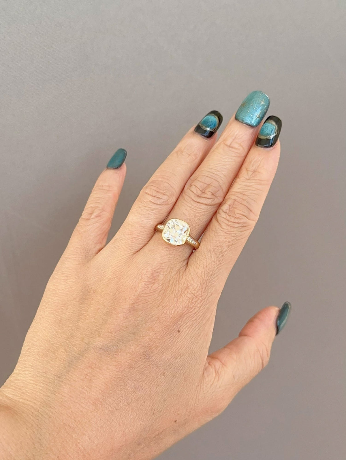 3.36ct Old European Cushion Cut Lab Diamond Milgrain Bezel Set Engagement Ring 14K R6761Gold Aurora Designer