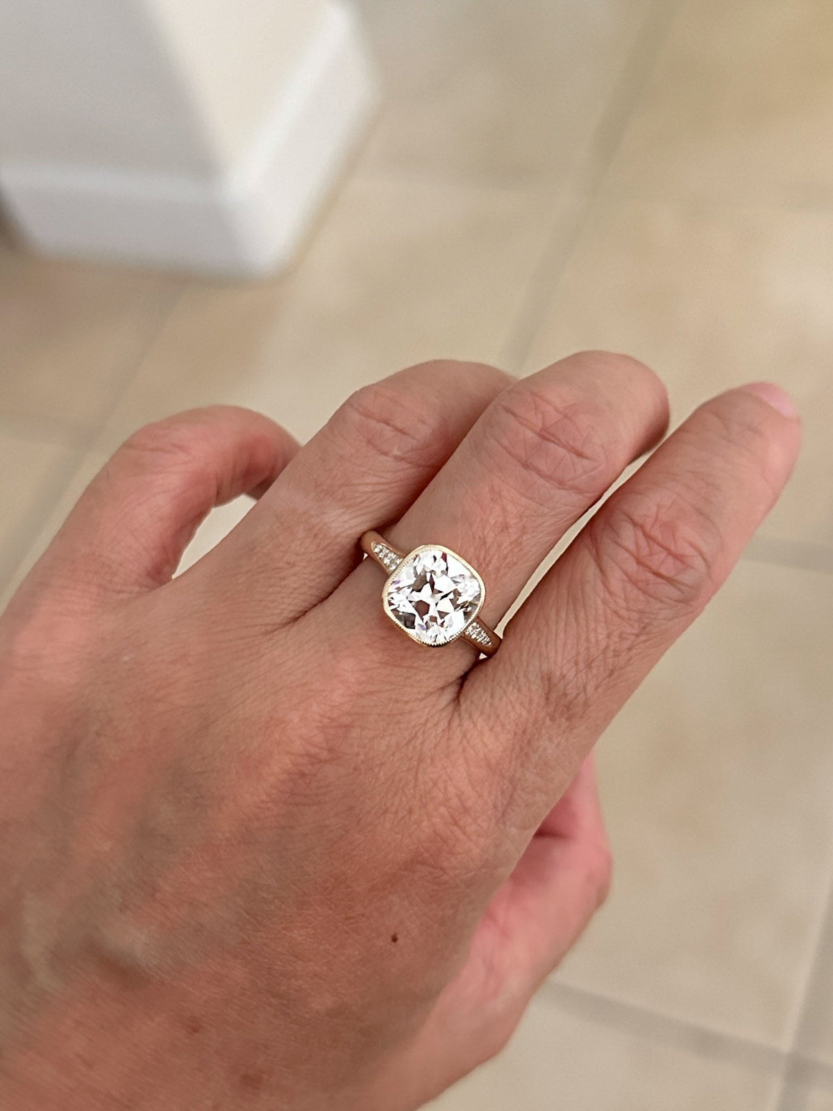3.36ct Old European Cushion Cut Lab Diamond Milgrain Bezel Set Engagement Ring 14K R6761Gold Aurora Designer