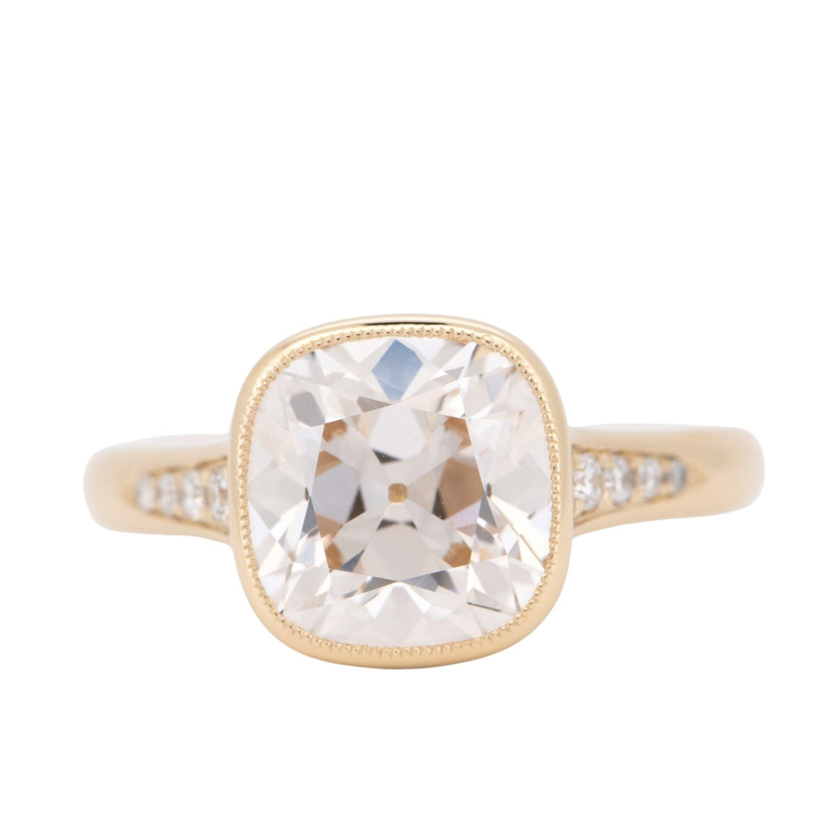 3.36ct Old European Cushion Cut Lab Diamond Milgrain Bezel Set Engagement Ring 14K Gold R6761 Aurora Designer