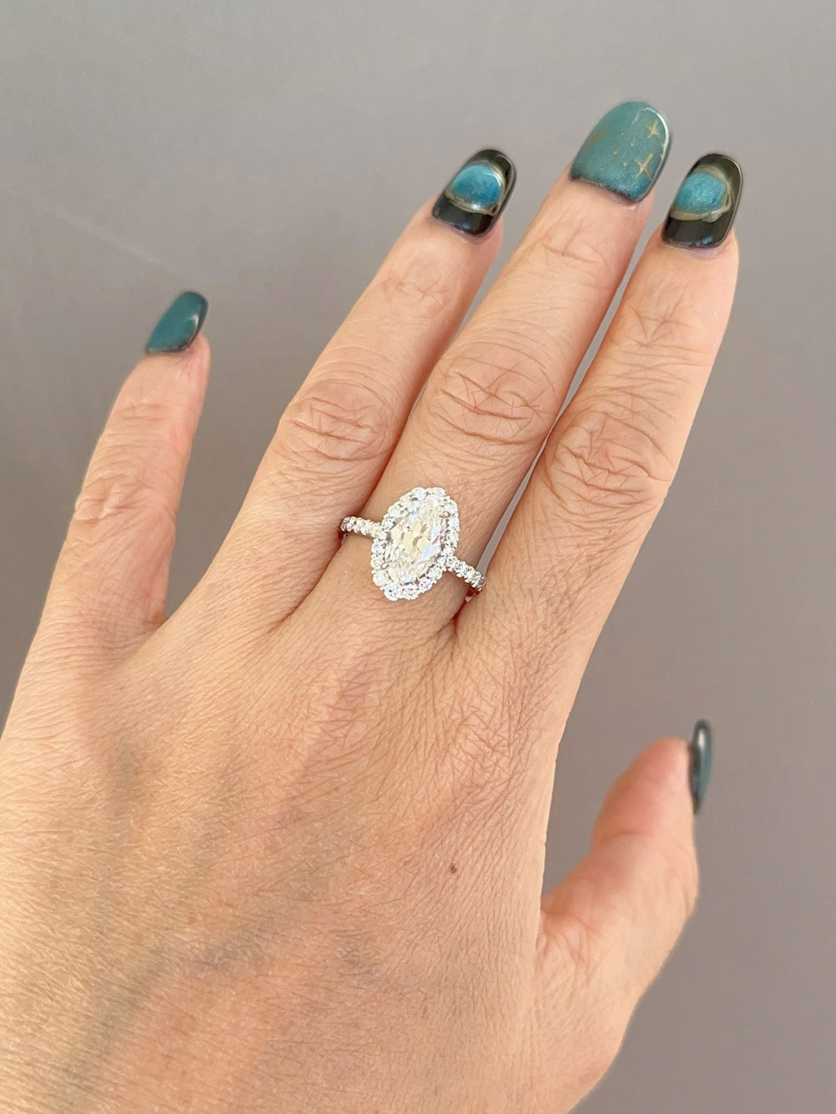 2.67ctw Long Oval Lab Diamond with Halo Engagement Ring Platinum PT950 Aurora Designer