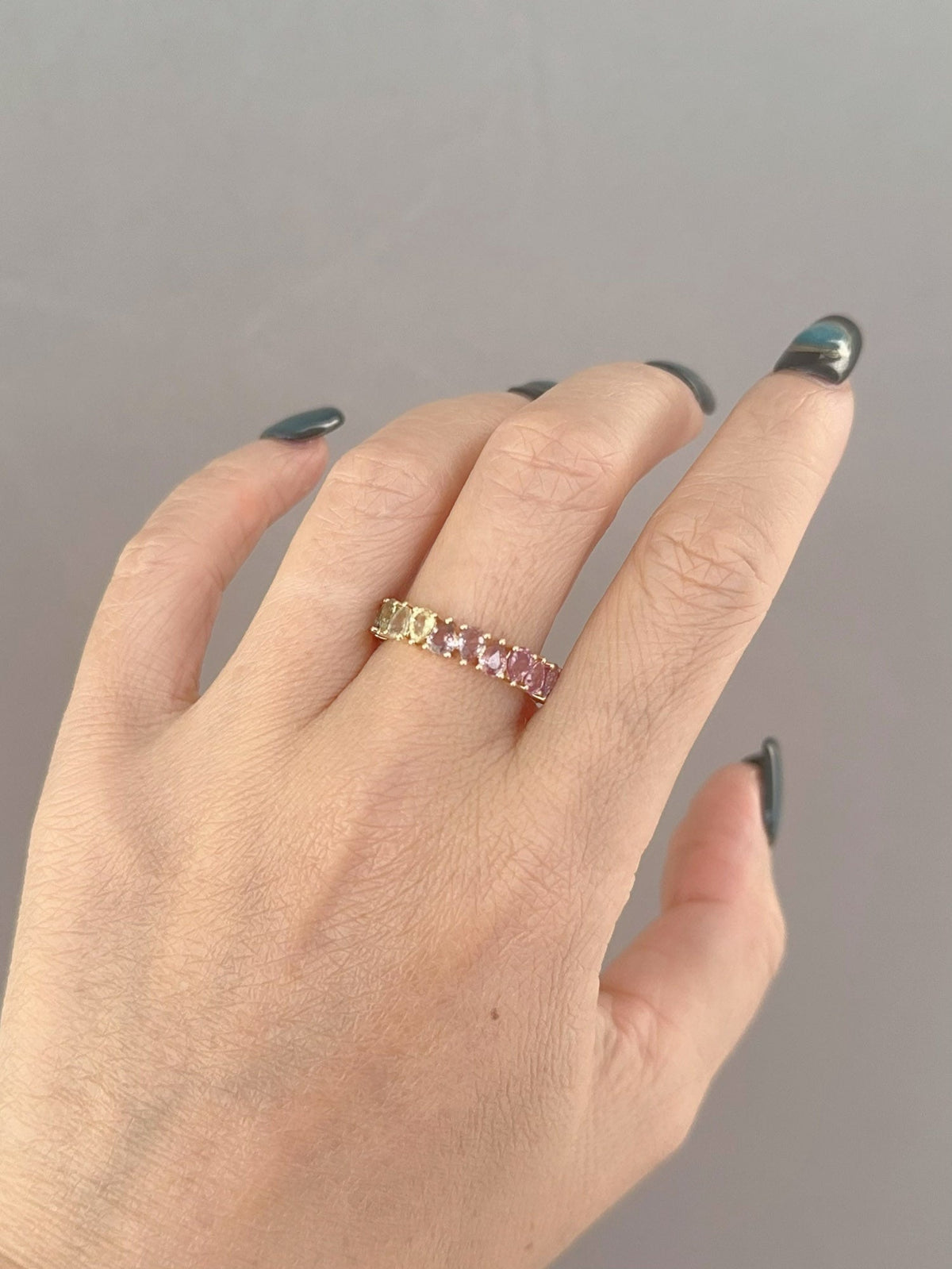 3.7ctw Unique Soft Rainbow Color Sapphire Full Eternity Band 14K Gold R6764 Aurora Designer