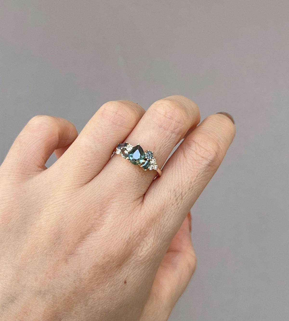 Mixed Teal Sapphire and Diamond Cluster Ring 14K Gold R6768 Aurora Designer