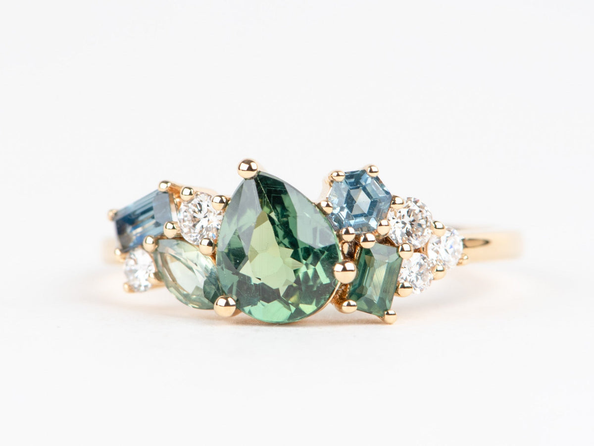 Mixed Teal Sapphire and Diamond Cluster Ring 14K Gold R6768 Aurora Designer