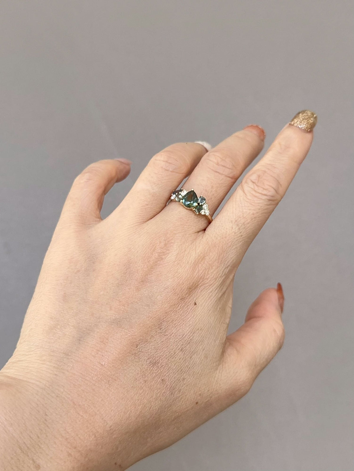 Mixed Teal Sapphire and Diamond Cluster Ring 14K Gold R6768 Aurora Designer