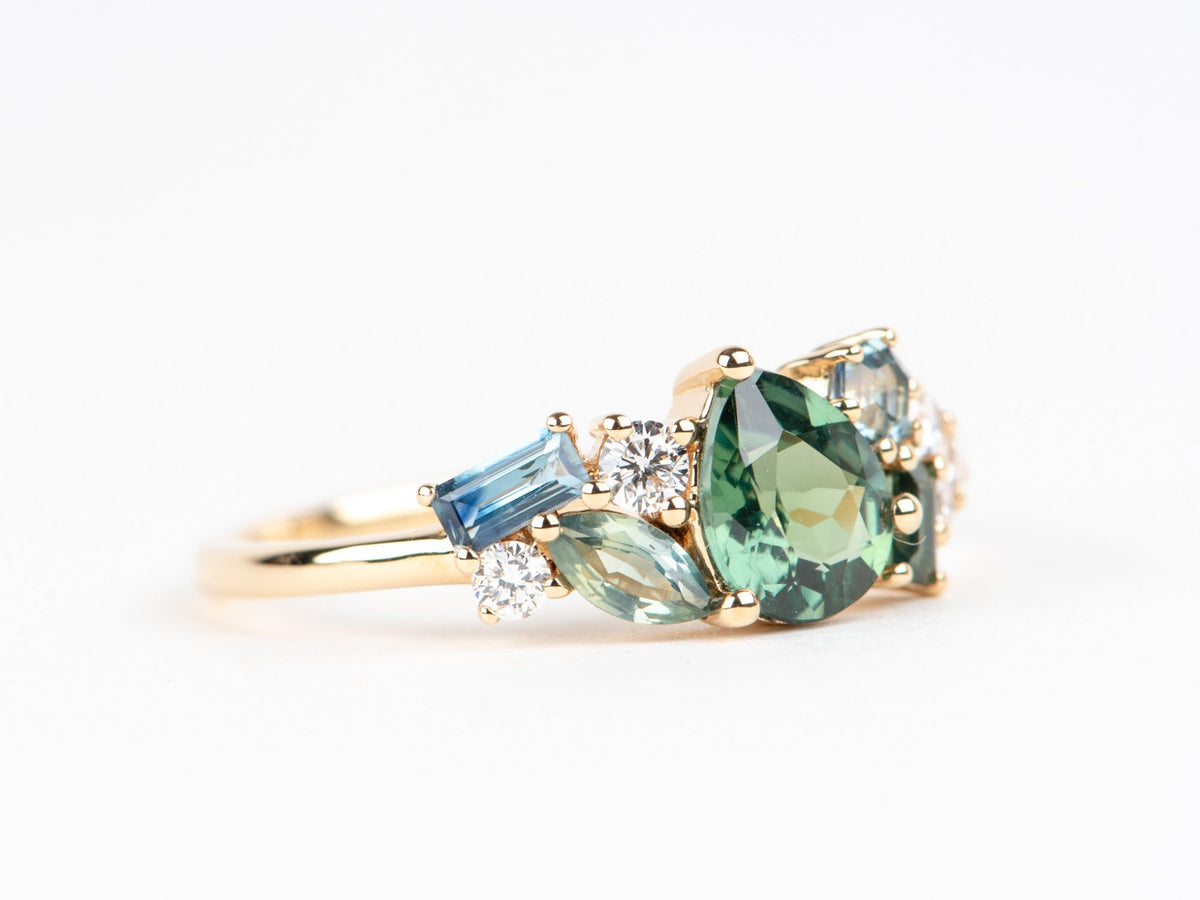 Mixed Teal Sapphire and Diamond Cluster Ring 14K Gold R6768 Aurora Designer