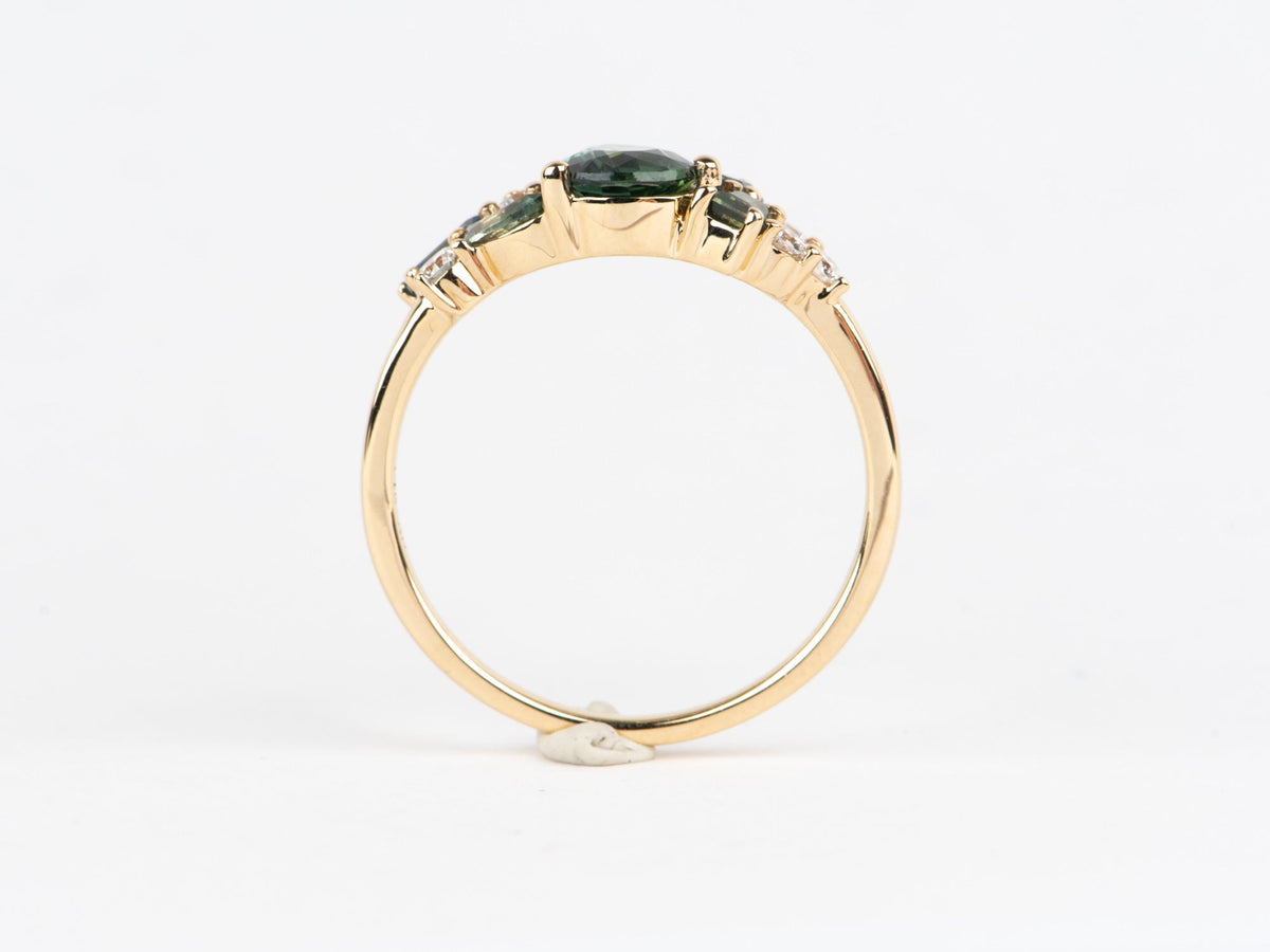 Mixed Teal Sapphire and Diamond Cluster Ring 14K Gold R6768 Aurora Designer