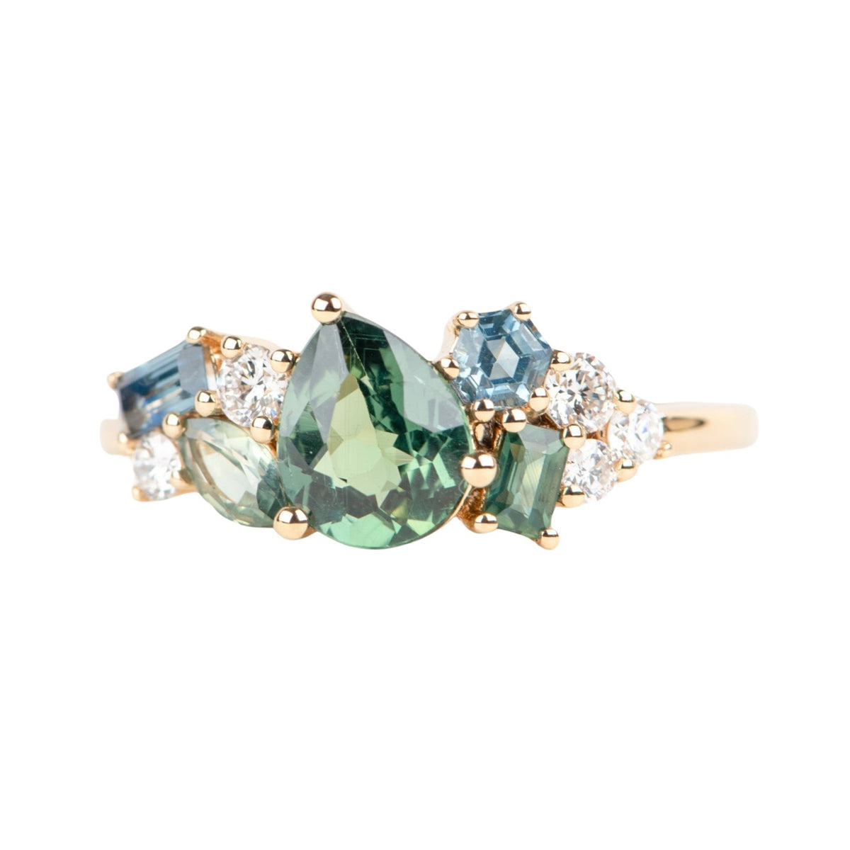 Mixed Teal Sapphire and Diamond Cluster Ring 14K Gold R6768 Aurora Designer