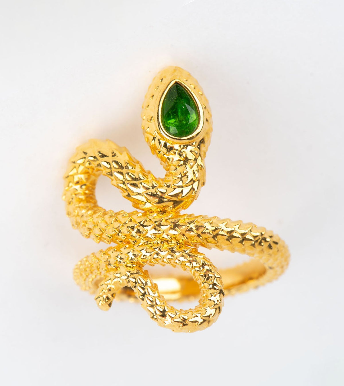 18K Gold Light Weight Snake Coil Ring with Green Gemstone Head R6769 Aurora Designer