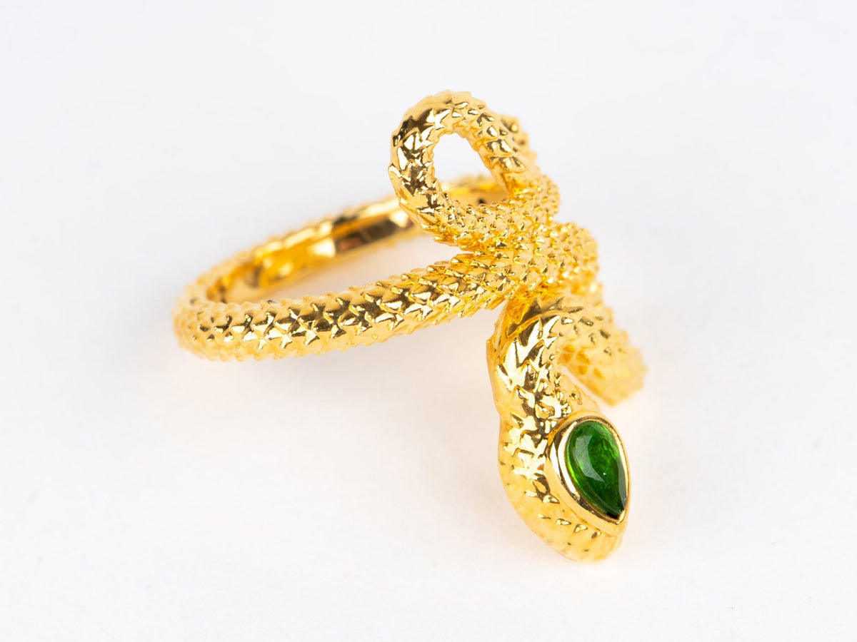 18K Gold Light Weight Snake Coil Ring with Green Gemstone Head R6769 Aurora Designer