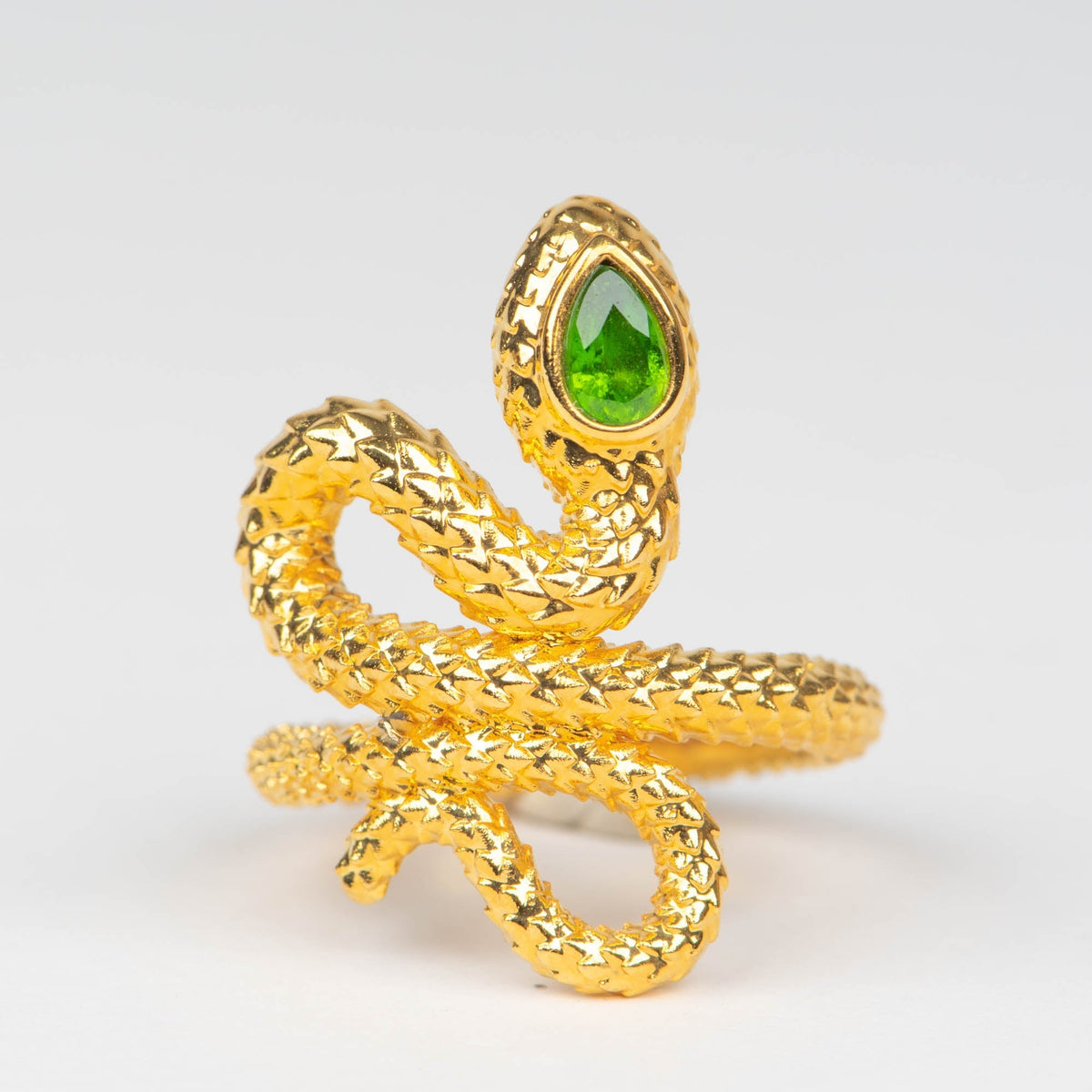 18K Gold Light Weight Snake Coil Ring with Green Gemstone Head R6769 Aurora Designer