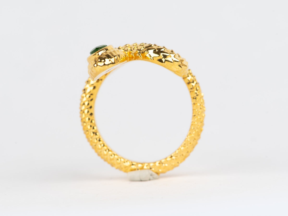 18K Gold Light Weight Snake Coil Ring with Green Gemstone Head R6769 Aurora Designer
