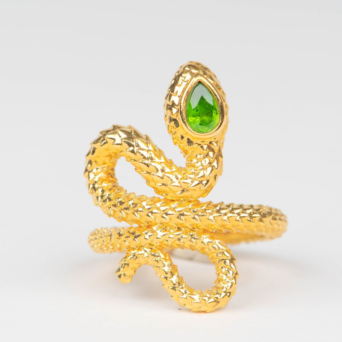 18K Gold Light Weight Snake Coil Ring with Green Gemstone Head R6769 Aurora Designer