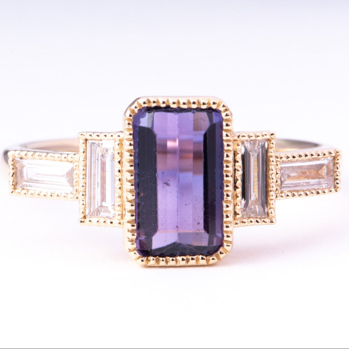 1.68ct Pinkish Purple Bi-Color Natural Sapphire with Baguette Diamond Sides Engagement Ring 14K Gold R6773 Aurora Designer